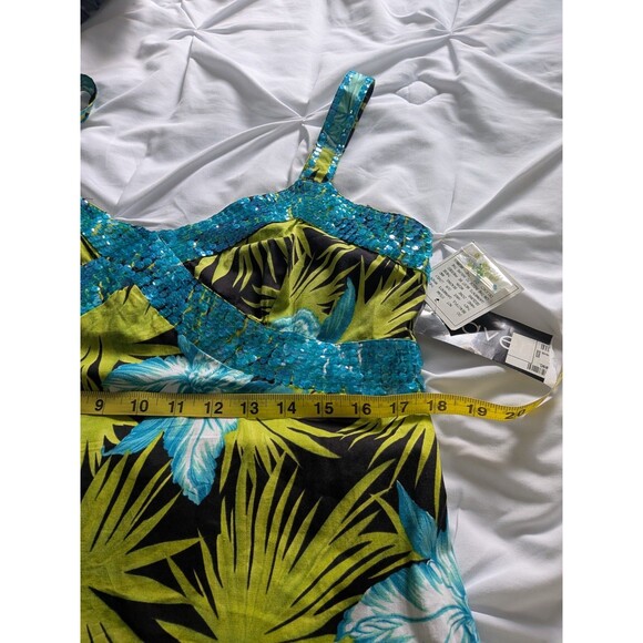 HavenBleu Dress Womens L Vtg Y2K Sequined Cami Hawaiian Turquoise Multi See Meas - Picture 10 of 12